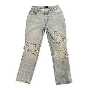 ASOS DESIGN Curve high rise distressed mom jeans light wash with rips 28/30